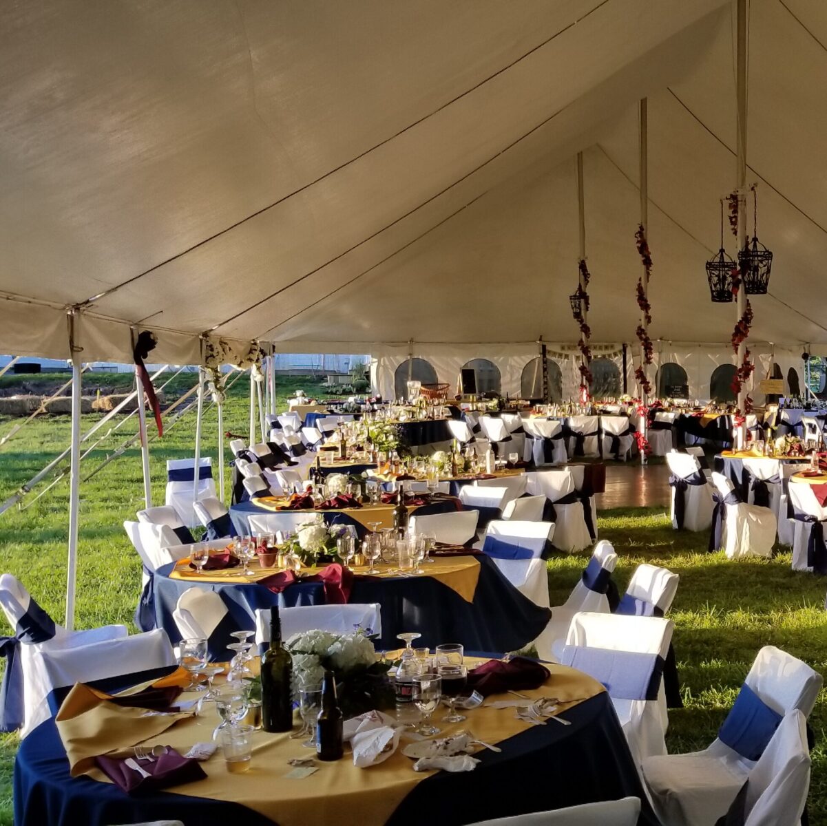 Wedding reception under a large white tent with round tables set for dinner, decorated with centerpieces and draped fabric.